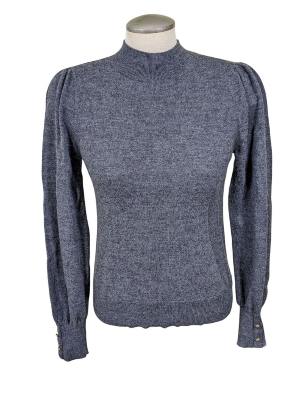 Womens Extra Fine Merino Wool Sweater Gray Mock Neck Gold Button Cuffs Small